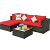 5-Piece Outdoor Rattan Furniture Set with Red Cushions