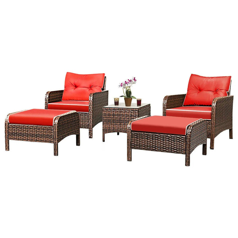 5-Piece Modern Rattan Patio Furniture Set with Red Cushions