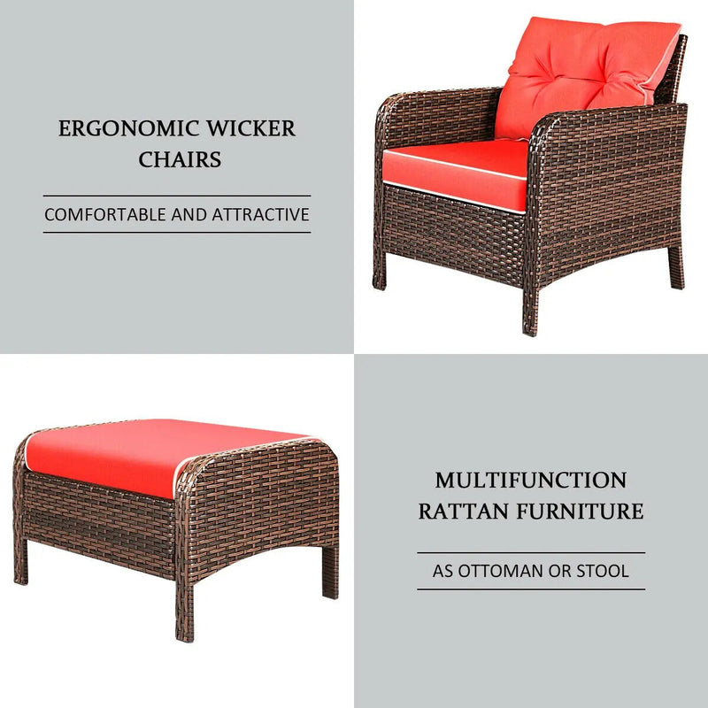 5-Piece Modern Rattan Patio Furniture Set with Red Cushions