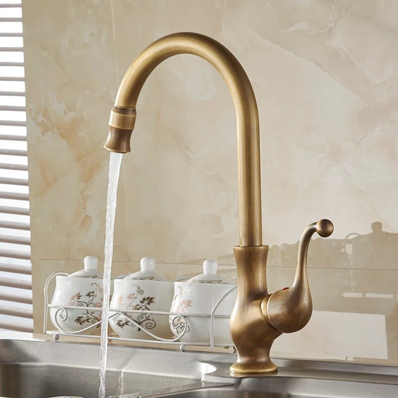 Antique Brass Swivel Spout Kitchen Faucet