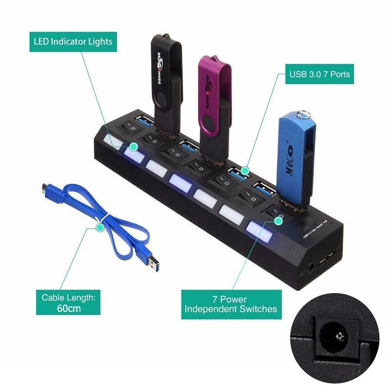 USB 3.0 Power Hub: Expand Ports for Macbook Pro, PC, Laptop.