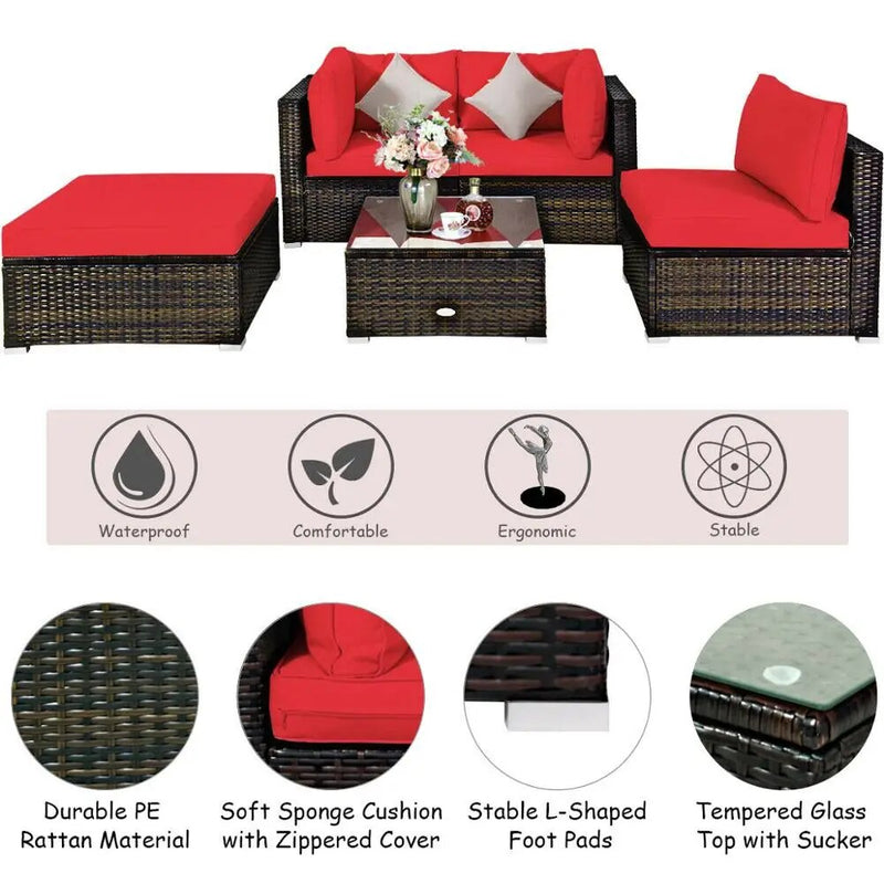 5-Piece Outdoor Rattan Furniture Set with Red Cushions