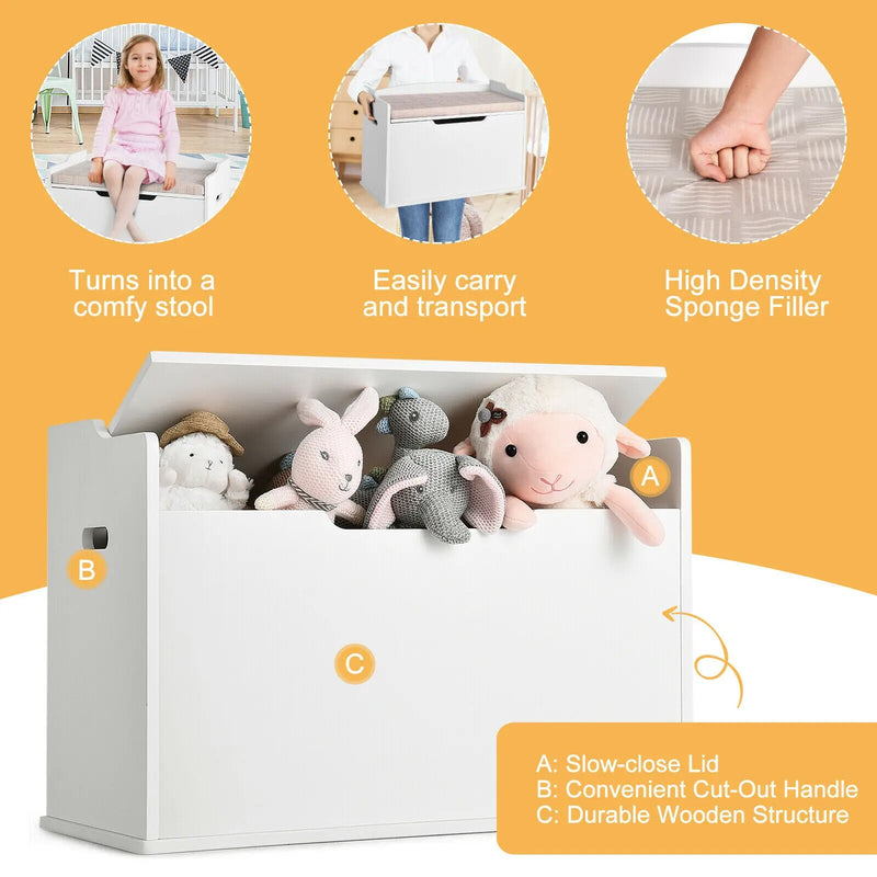 Kids' Cushioned Wooden Toy Box