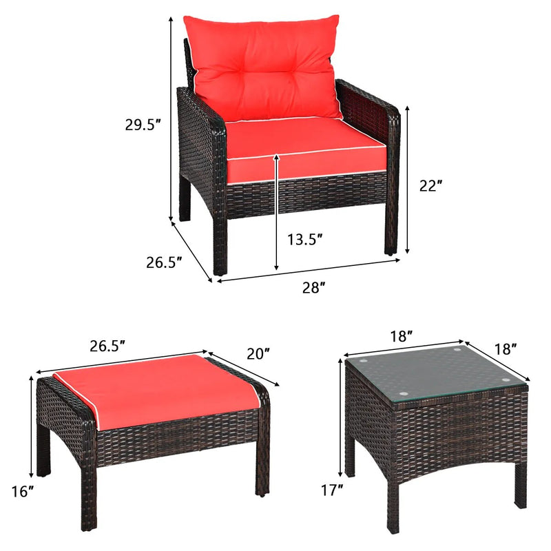 5-Piece Modern Rattan Patio Furniture Set with Red Cushions