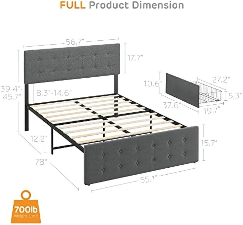 Grey Upholstered Full Bed Frame with Storage