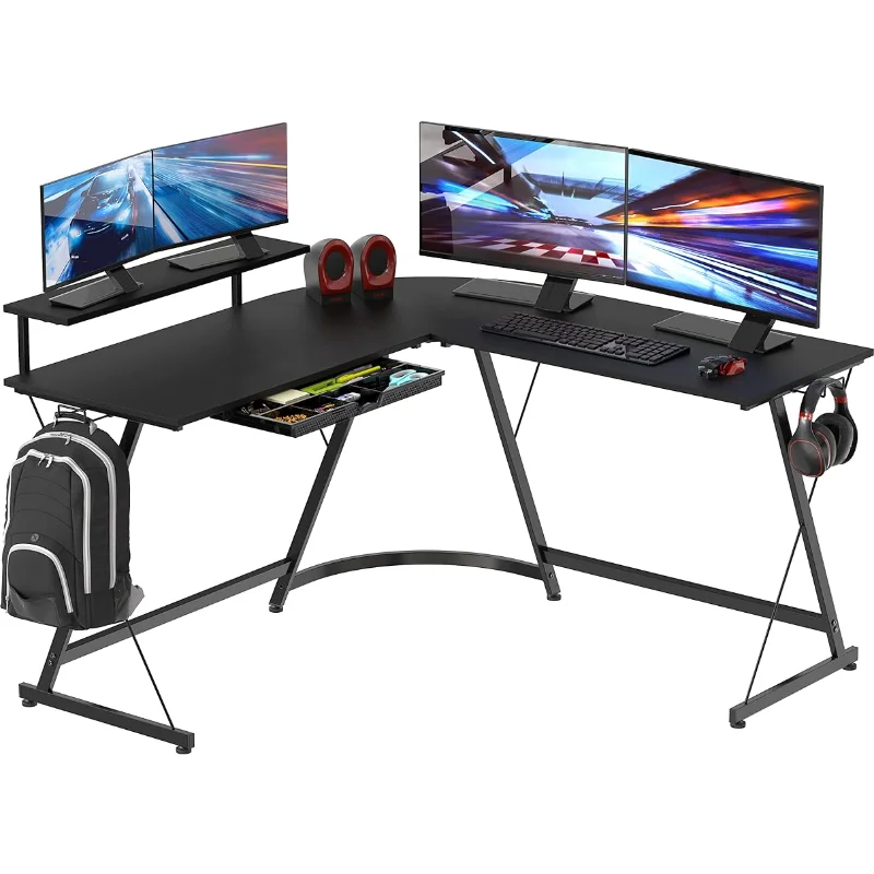 Black L-Shaped Desk with Adjustable Monitor Stand