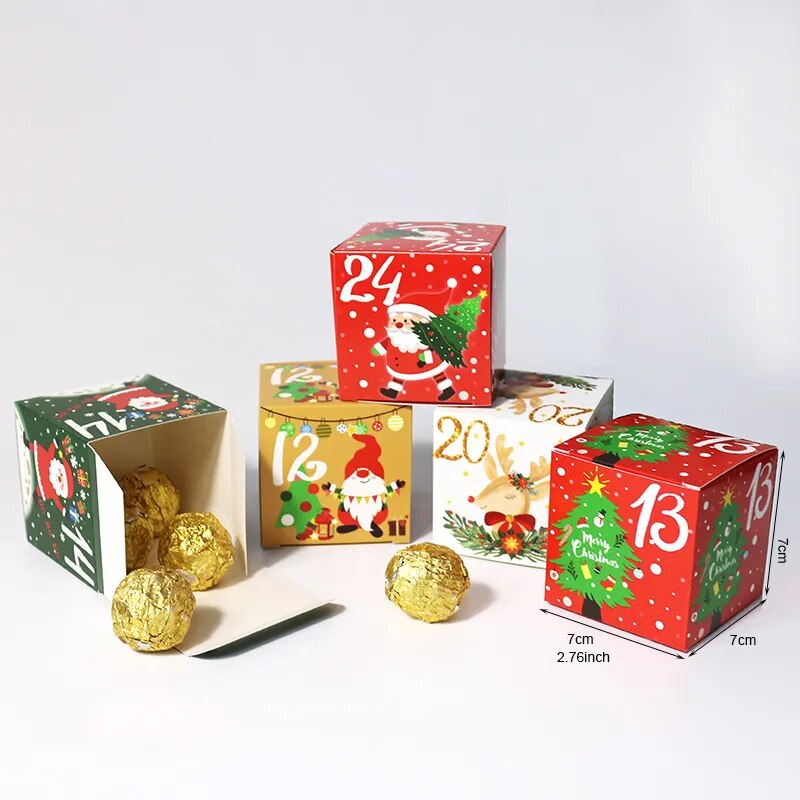 24PCS 1-24 Christmas Advent Calendar Gift Box Kids Xmas New Year Candy Cookies Wrapping Paper Box Christmas Gift Box Home Decor