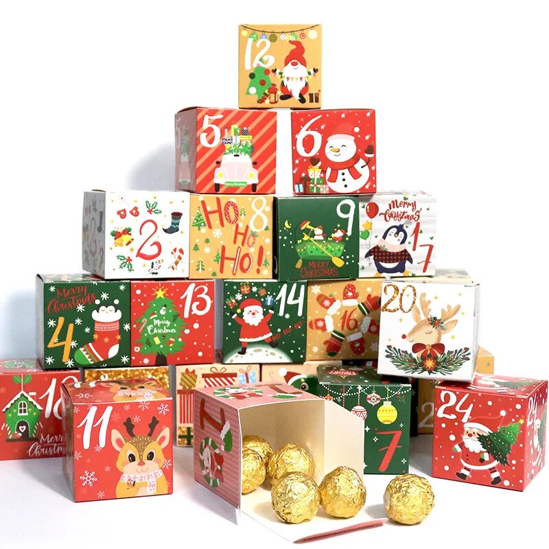 24PCS 1-24 Christmas Advent Calendar Gift Box Kids Xmas New Year Candy Cookies Wrapping Paper Box Christmas Gift Box Home Decor