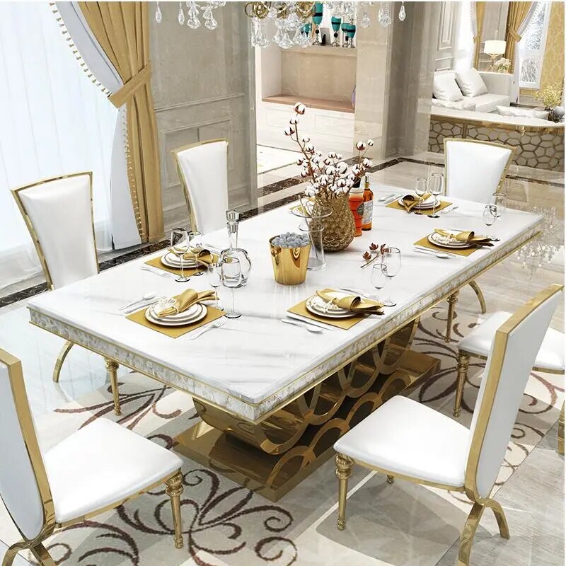 Golden Carved Stainless Steel Dining Set with Marble Top