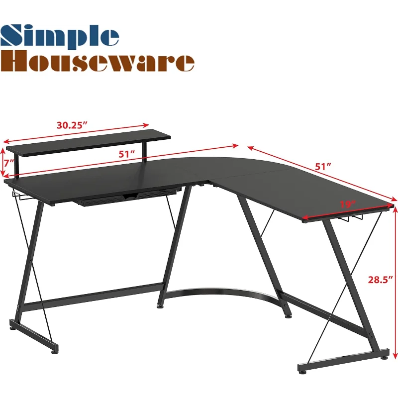 Black L-Shaped Desk with Adjustable Monitor Stand