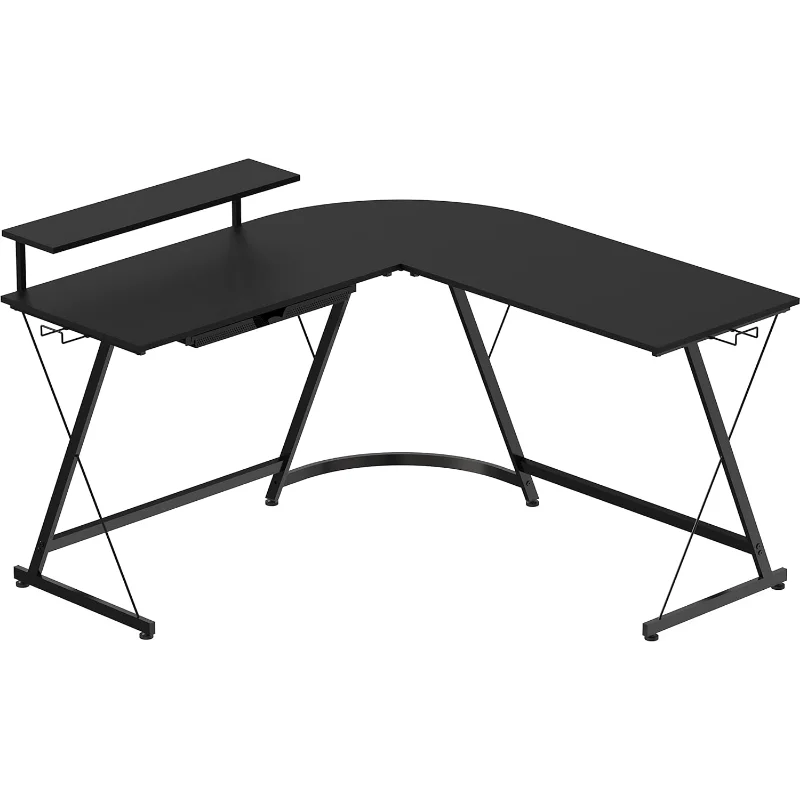 Black L-Shaped Desk with Adjustable Monitor Stand