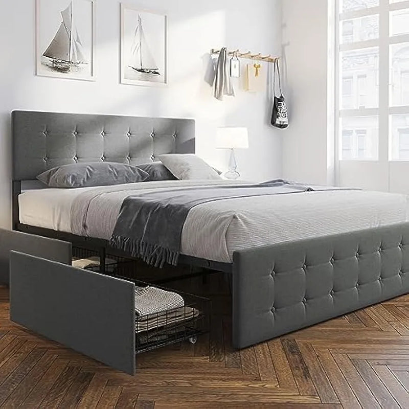 Grey Upholstered Full Bed Frame with Storage