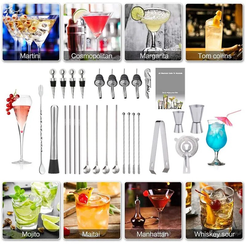 Bartender Kit:1-30-piece Cocktail Shaker Set with Stainless Steel Rotating Stand, Bar Tool for Gift, Experience for Drink Mixing